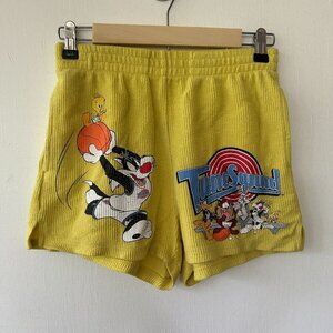 Space Jam Pull On Shorts Womens Small Yellow Ribbed Cozy Comfy Tune Squad